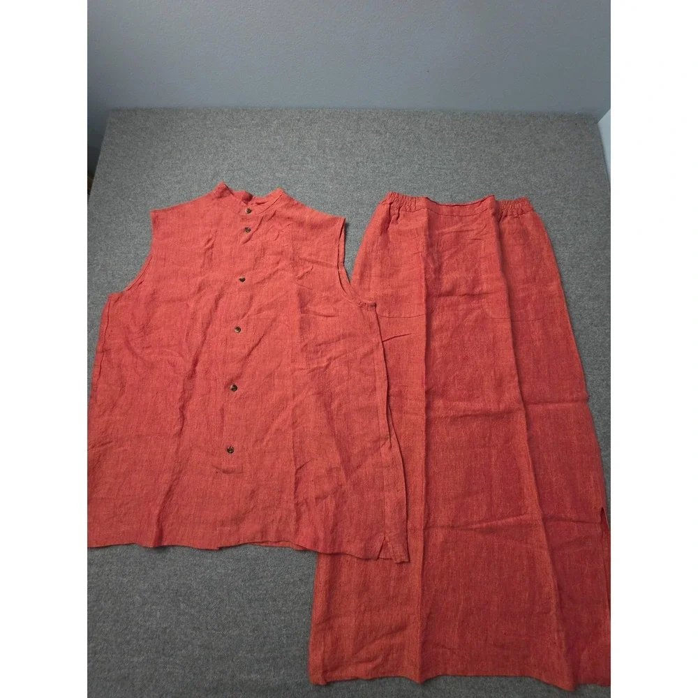 Eskandar Two Piece Linen Set Womens Size 1 Red Sleeveless Side Slit Button Front